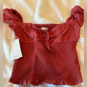 ARITZIA Wilfred smocked top, puff sleeves NEW NWT tags rust brick summer XS